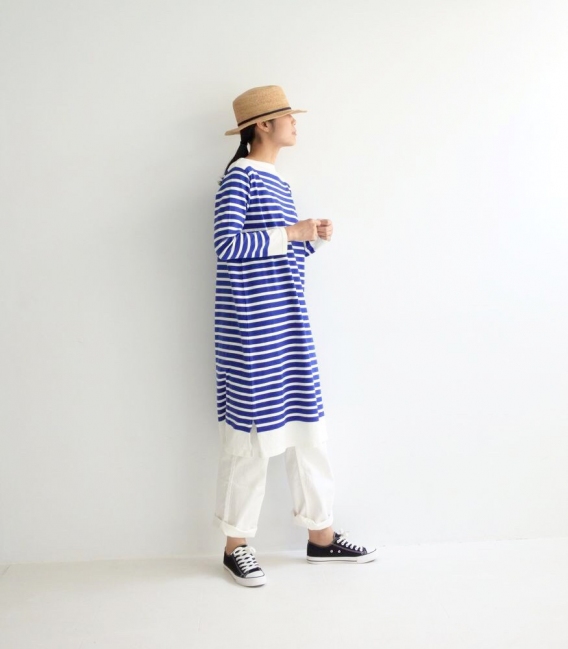ichi 橫條下襬白邊長袖洋裝