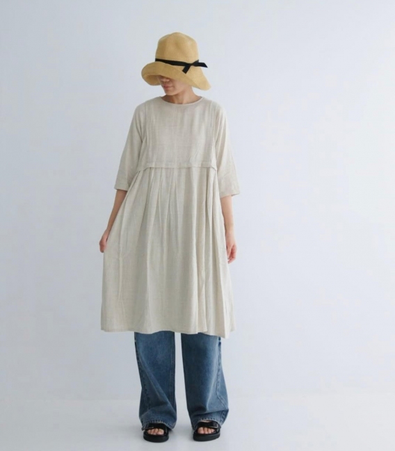 Fig London 麻料長袖高腰寬活褶洋裝