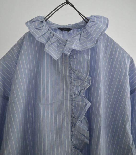 ichi 荷葉褶邊領直條紋綿襯衫