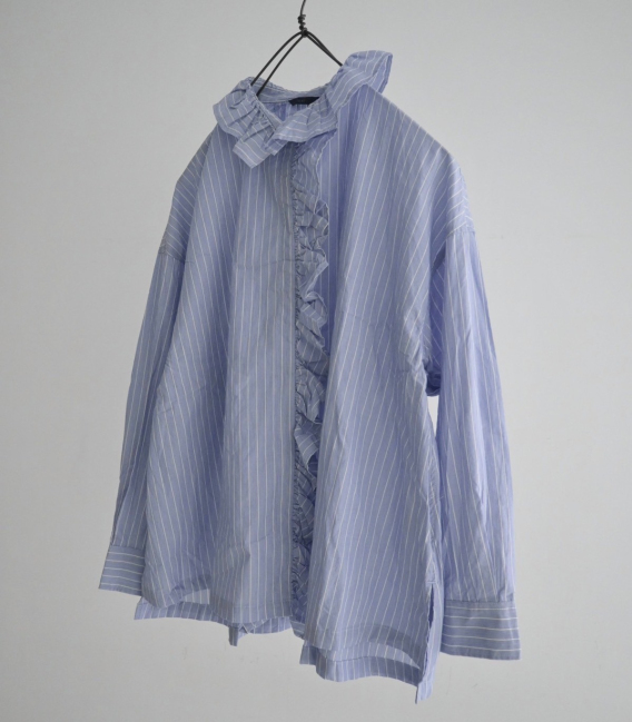 ichi 荷葉褶邊領直條紋綿襯衫