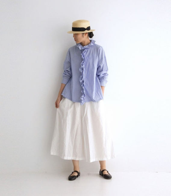 ichi 荷葉褶邊領直條紋綿襯衫