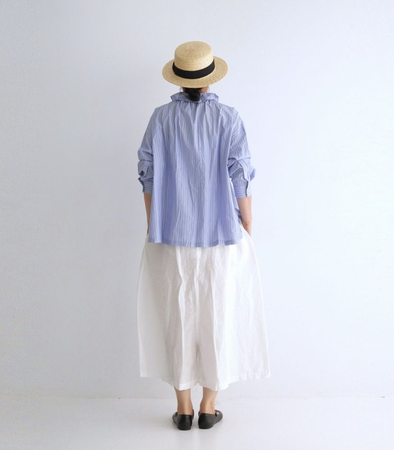 ichi 荷葉褶邊領直條紋綿襯衫