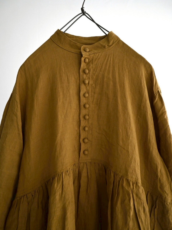 ICHI Antiquités  麻料小立領半開襟洋裝