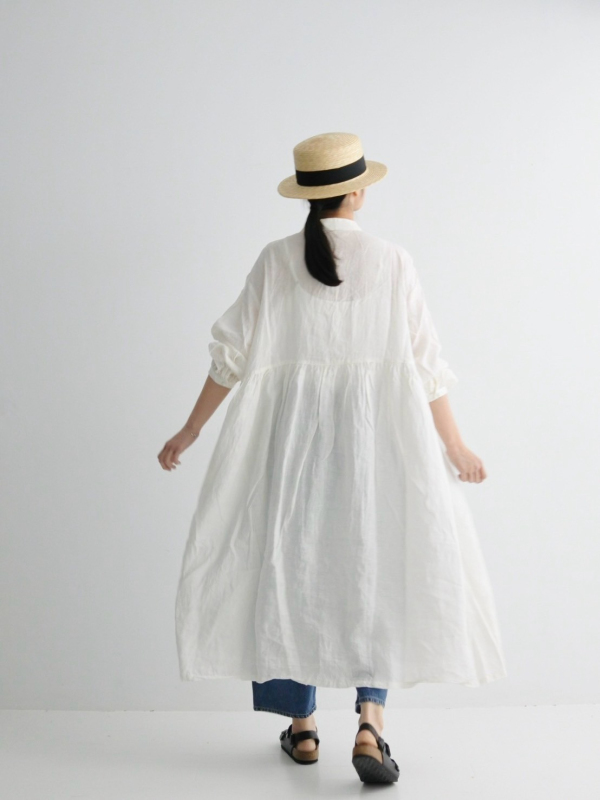 ICHI Antiquités  麻料小立領半開襟洋裝