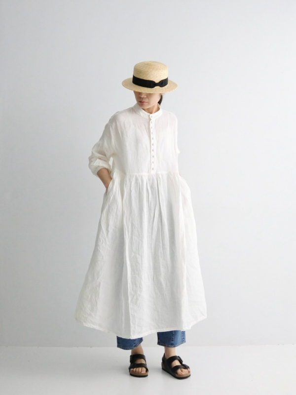 ICHI Antiquités  麻料小立領半開襟洋裝