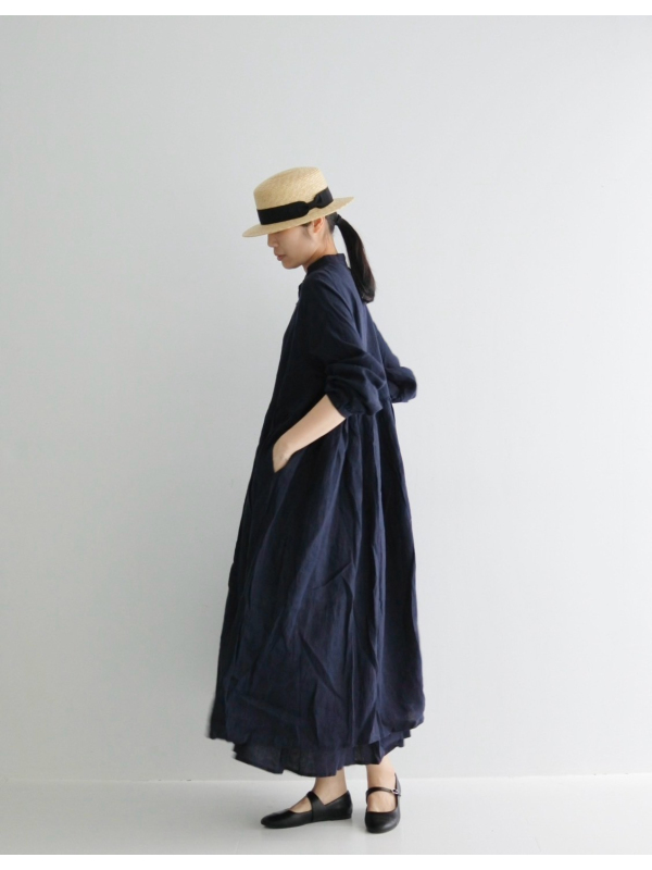 ICHI Antiquités  麻料小立領半開襟洋裝