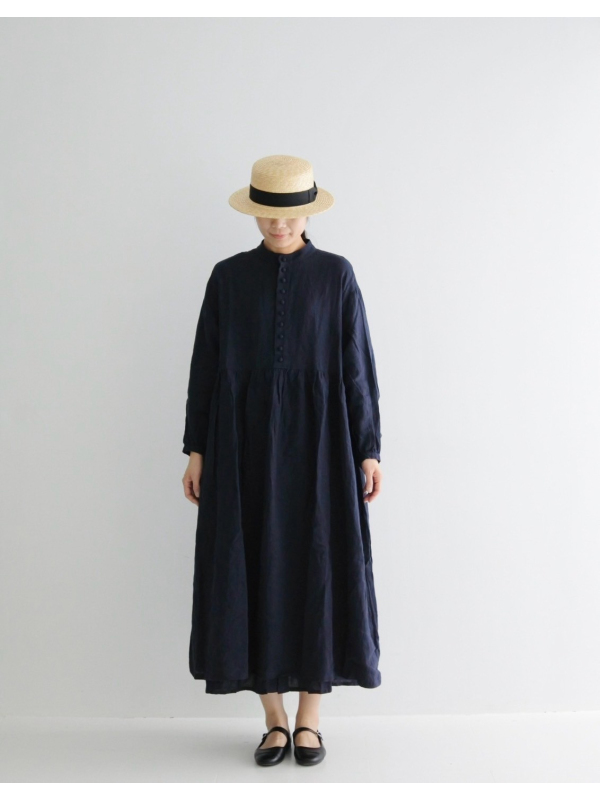 ICHI Antiquités  麻料小立領半開襟洋裝