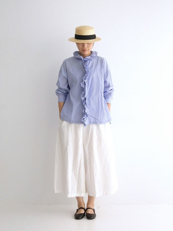 ichi 荷葉褶邊領直條紋綿襯衫