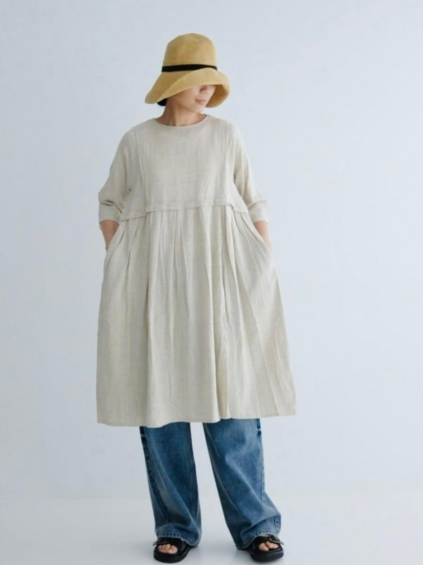 Fig London 麻料長袖高腰寬活褶洋裝