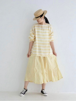 ICHI Antiquités 寬橫條澎袖麻料上衣