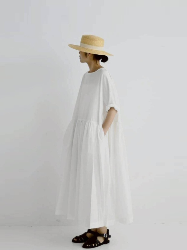 圓領棉質抓皺洋裝