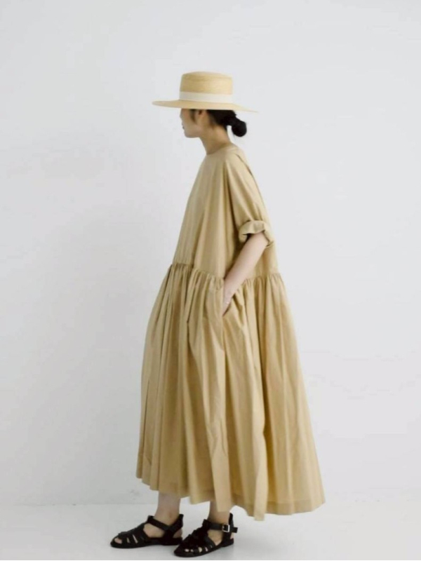 圓領棉質抓皺洋裝