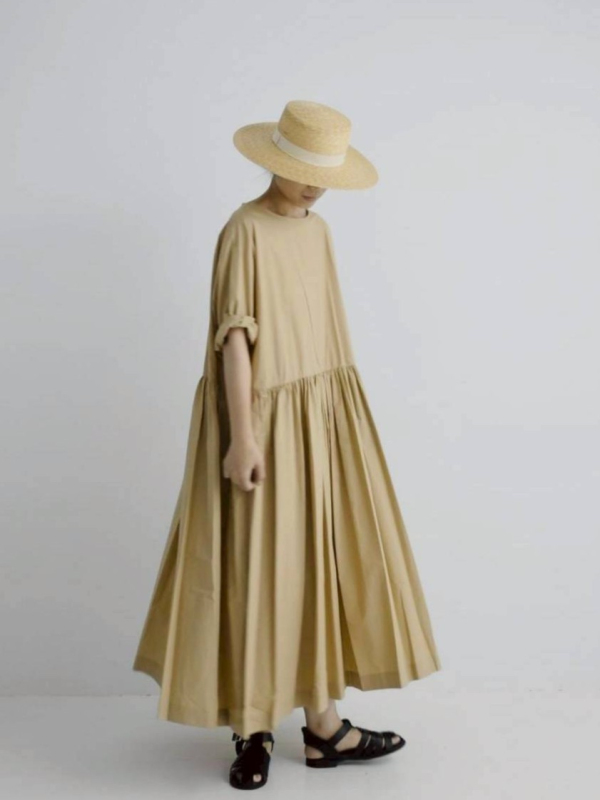 圓領棉質抓皺洋裝