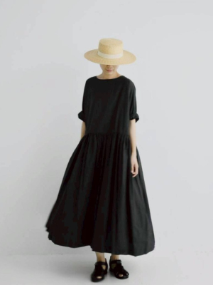 圓領棉質抓皺洋裝