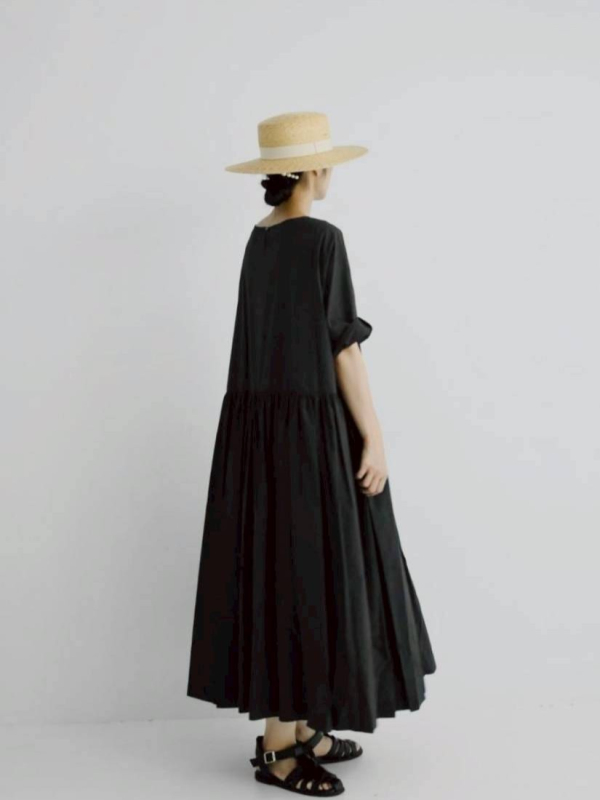 圓領棉質抓皺洋裝