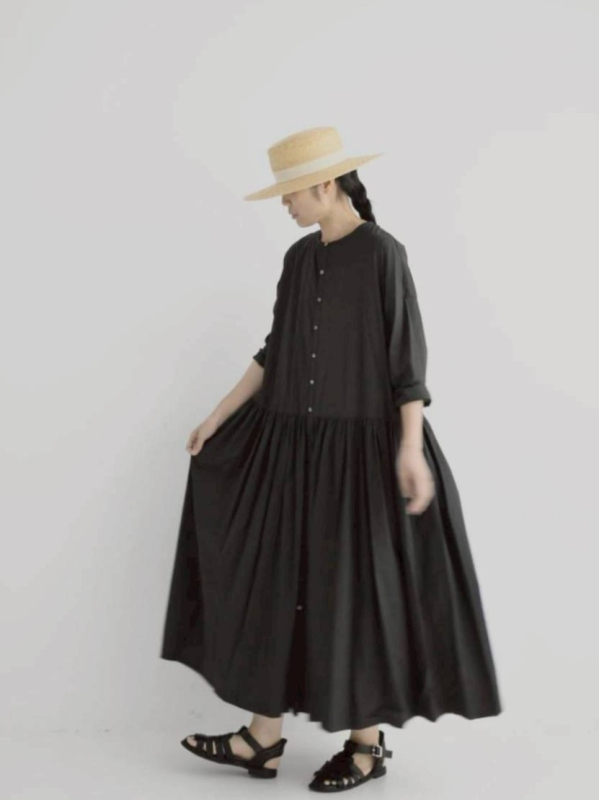 排釦開襟抓皺洋裝