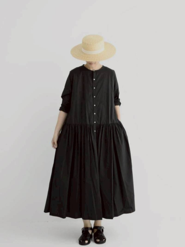 排釦開襟抓皺洋裝