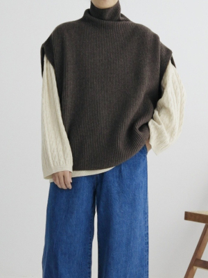 繭型毛料蓋肩高領背心上衣