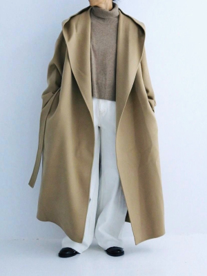 連帽綁帶毛料長版大衣